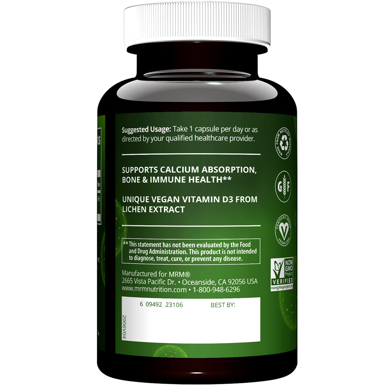 MRM Nutrition Vitamin D3 5,000 IU - For Women and Men - High Potency Pure Cholecalciferol from Lichen, Vegan Calcium Absorption Support for Bone & Immune Health - Non‑GMO & Gluten‑Free - 60 Servings