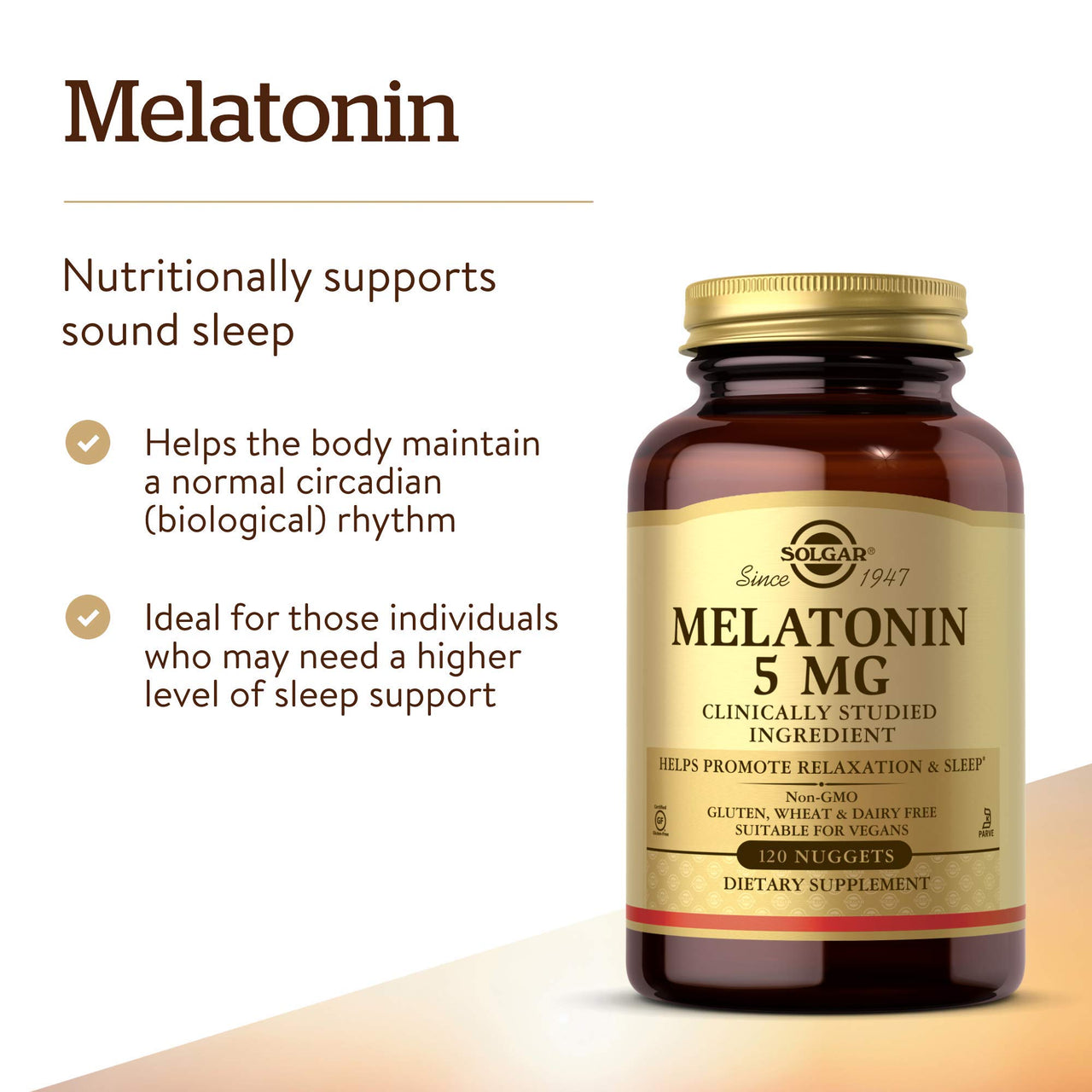 Solgar Melatonin 5 mg, 120 Nuggets - Helps Promote Relaxation & Rest - Clinically Studied Melatonin - Vegan, Gluten Free, Dairy Free, Kosher - 120 Servings