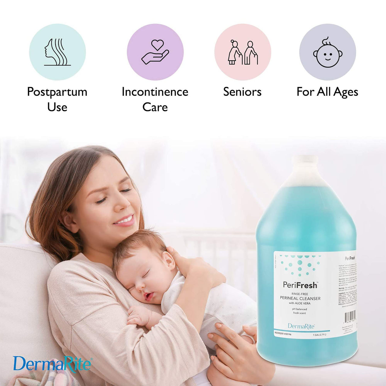 DermaRite PeriFresh Rinse-Free Perineal Cleanser - Aloe Vera Enriched, pH-Balanced, Odor Neutralizing - 1 Gal, 1 Count