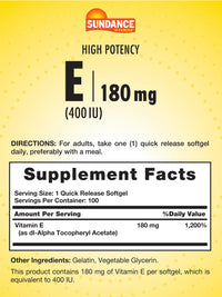 Thumbnail for Sundance Vitamin E 180mg (400 IU) | 100 Quick Release Softgels | High Potency Formula | Non-GMO and Gluten Free Supplement