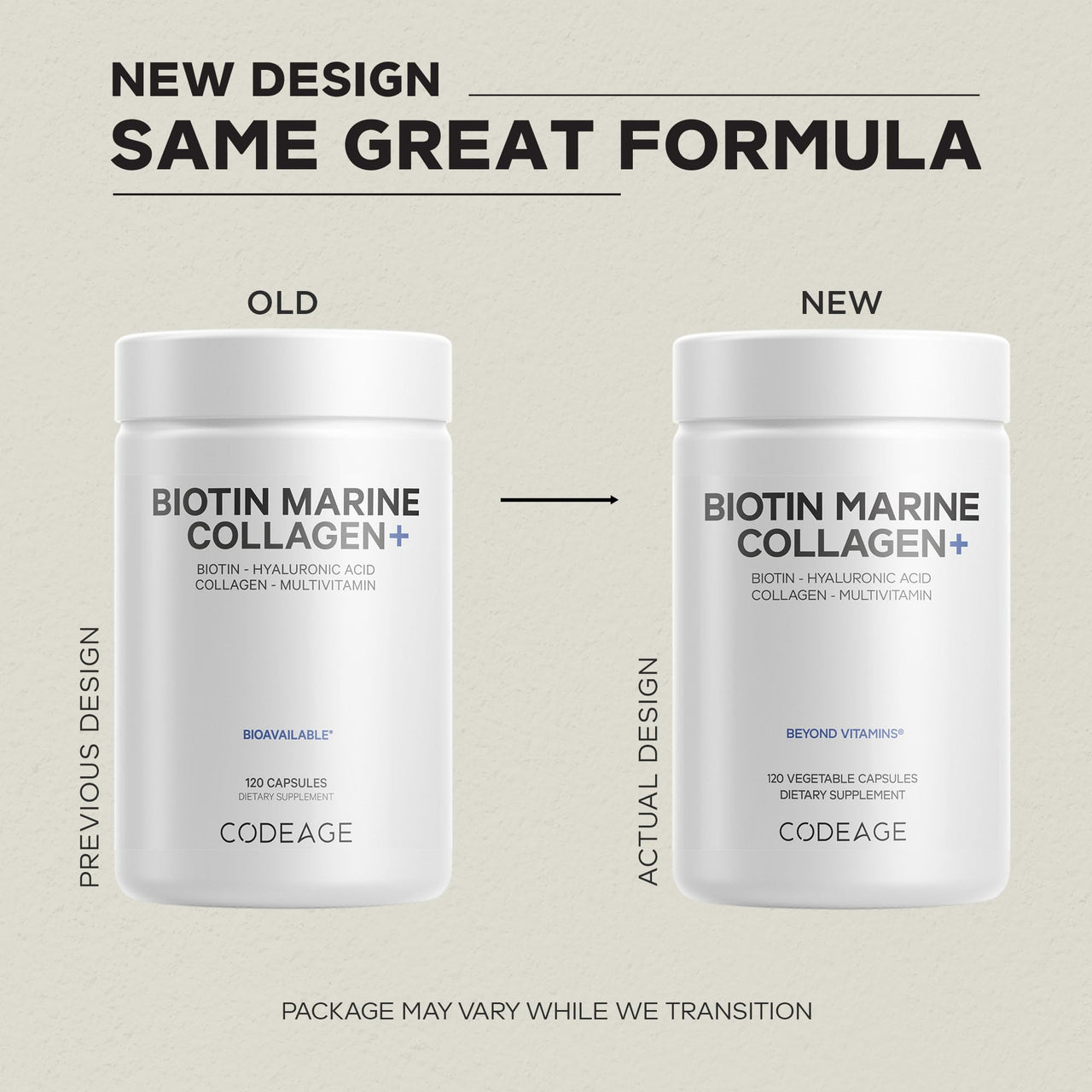 Codeage Biotin Marine Collagen Peptides - Wild-Caught Marine Collagen Types I & III, Biotin, Vitamins C & E, Hyaluronic Acid, Amino Acids, Fruit and Herb Blend, Non-GMO - 120 Capsules
