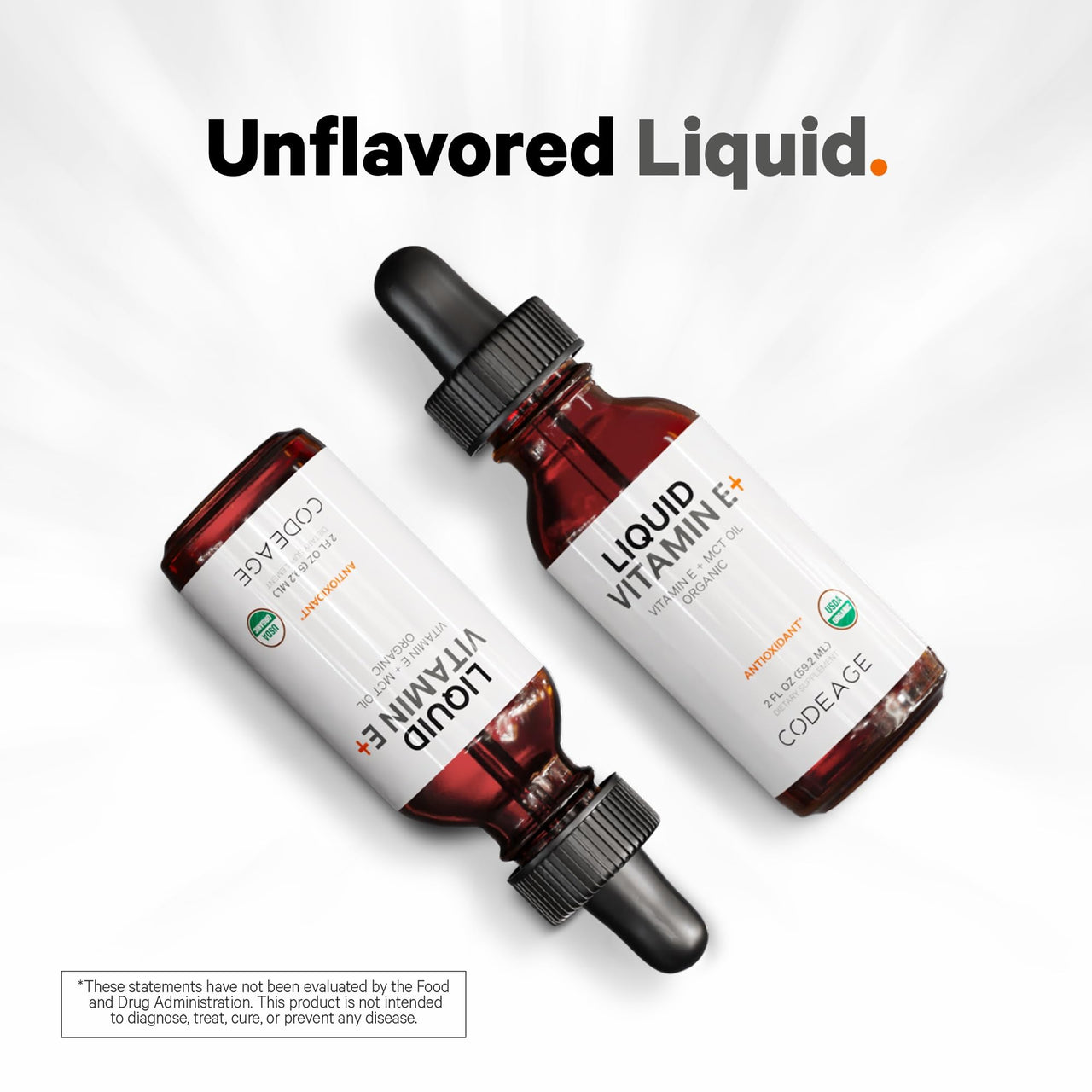Codeage Liquid Vitamin E+ - USDA-Certified Organic Vitamin E - 2-Month Supply - D-Alpha Tocopherol Acetate, Organic MCT Oil, Orange Fruit Oil, Unflavored, Non-GMO, Vegan, Gluten-Free, 2 fl oz