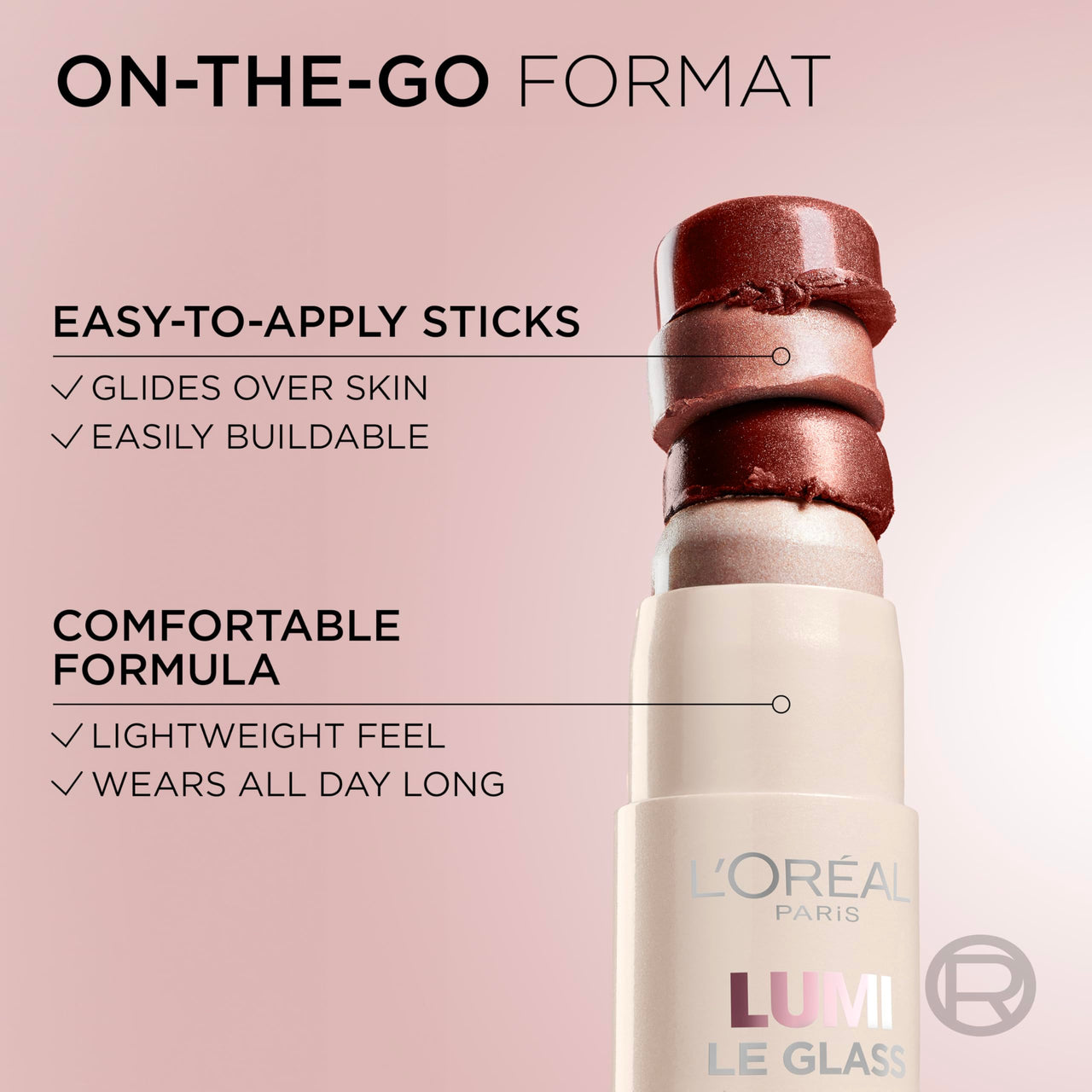 L'Oreal Paris True Match Lumi Le Glass Highlighter Stick, Reflective, Translucent, Glassy Highlighter for Face and Body, 625 Sunset Amour, 0.17 Oz