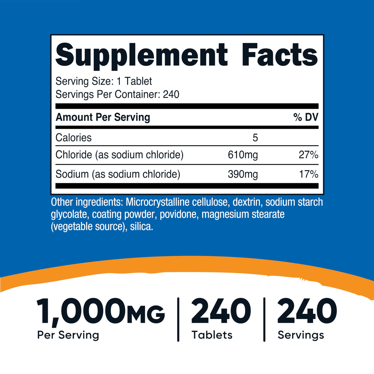 Nutricost Sodium Chloride 1000mg, 240 Tablets - Salt Tablets, Non-GMO, Gluten Free