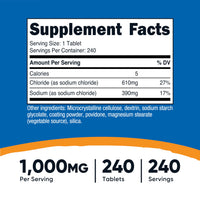 Thumbnail for Nutricost Sodium Chloride 1000mg, 240 Tablets - Salt Tablets, Non-GMO, Gluten Free