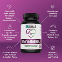 Thumbnail for ZHOU Resveratrol - Resveratrol 1000mg Nutritional Supplement for Women & Men, Pure Ultra Strength Heart Health and Antioxidant Support Formula - 60 Veggie Capsules
