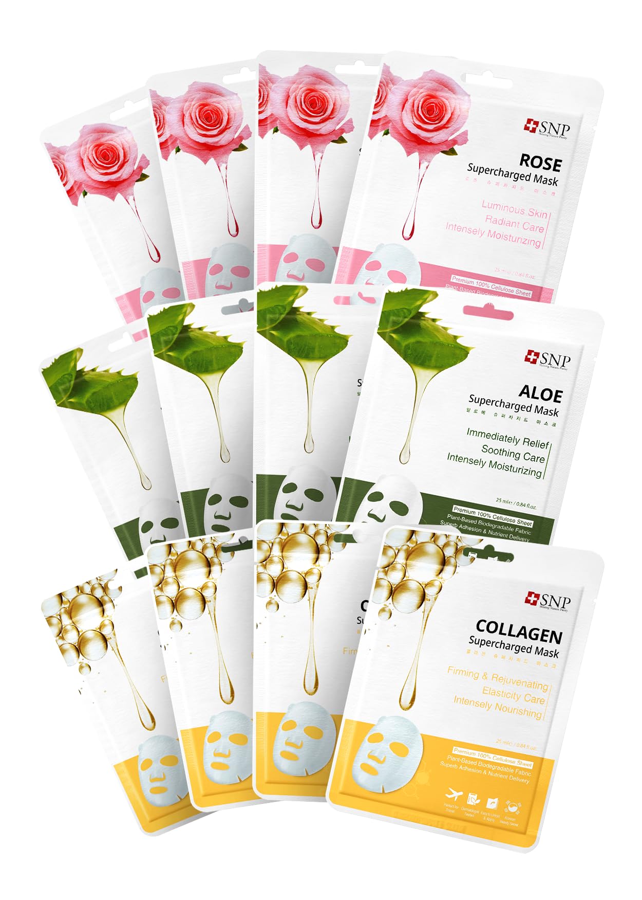 SNP Supercharged Sheet Mask Set | Variety Sheet of 4-Collagen, 4-Aloe, 4-Rose Face Mask Sheet | Facial Mask for Hydrating and Moisturizing | Korean Skincare Gift Set | 12 Sheets