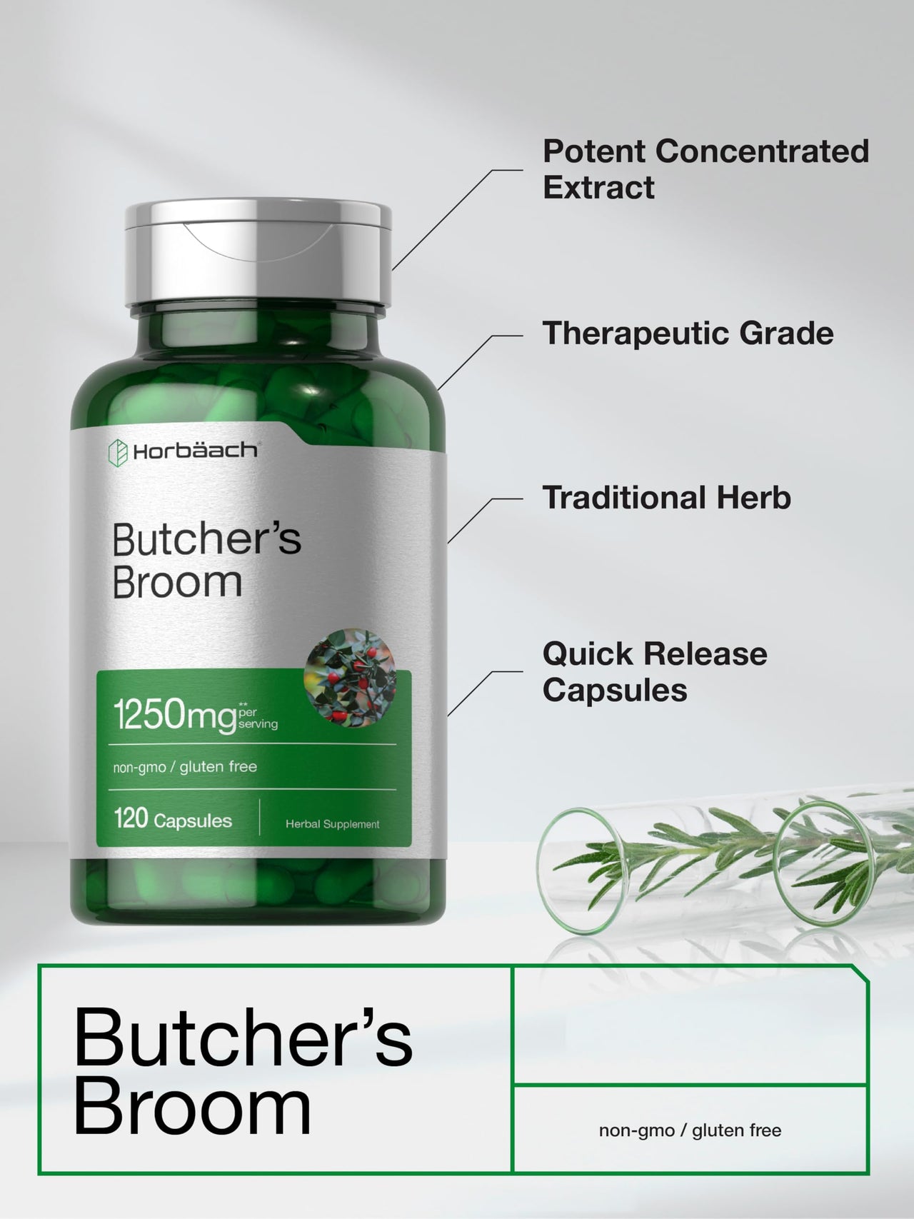 Horbaach Butchers Broom Capsules | 120 Count | Non-GMO, Gluten Free | Traditional Herb Root Extract Supplement