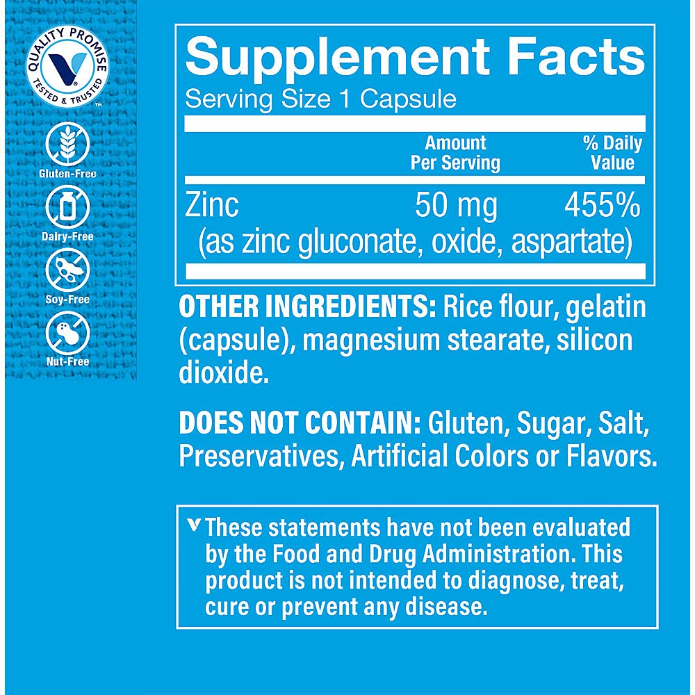 The Vitamin Shoppe Zinc 50MG - Immune Support, Skin Health & Antioxidant Protection, Essential Mineral (100 Capsules)