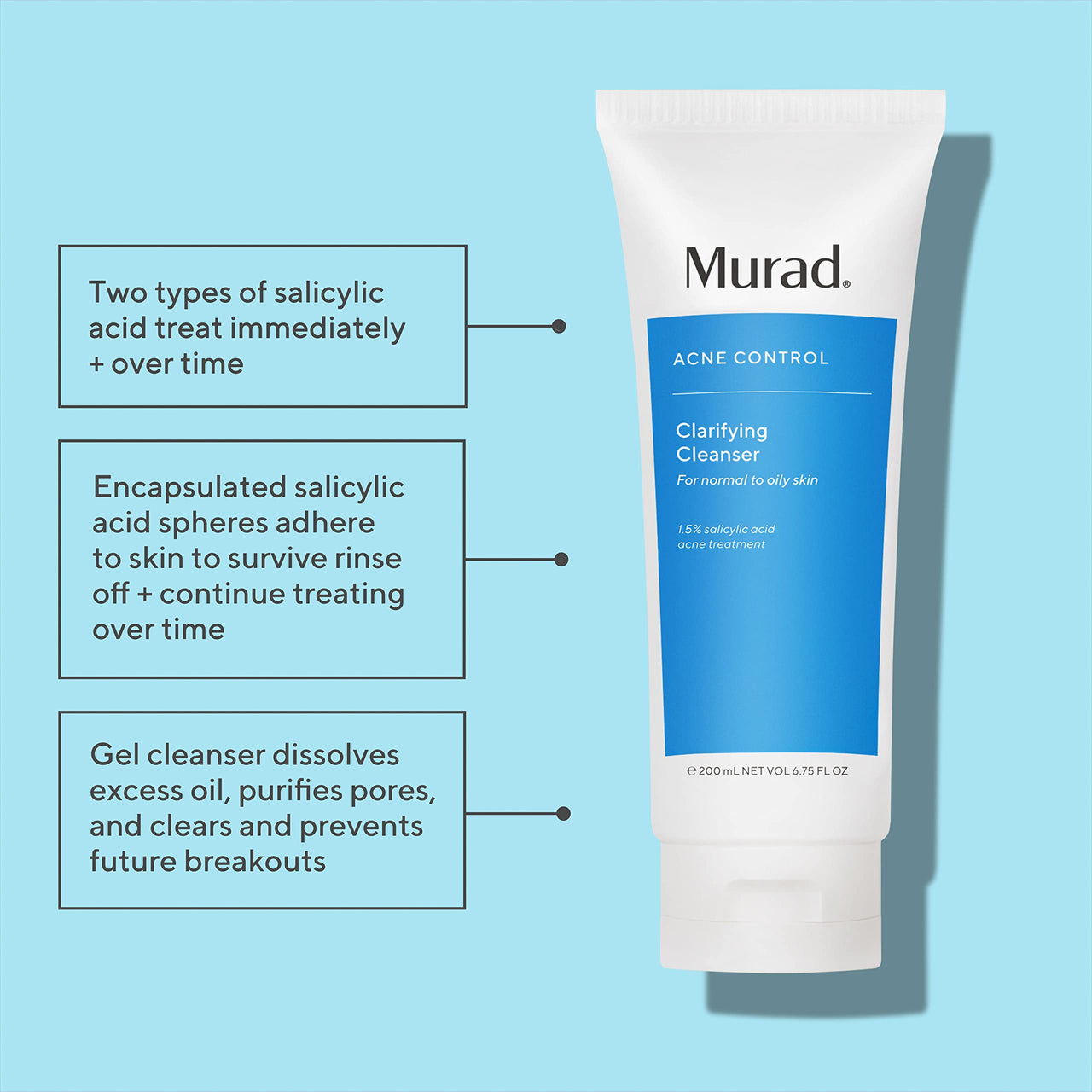 Murad Clarifying Cleanser - Acne Control Salicylic Acid & Green Tea Extract Face Wash - Exfoliating Acne Skin Care Treatment Backed by Science, 6.75 Oz