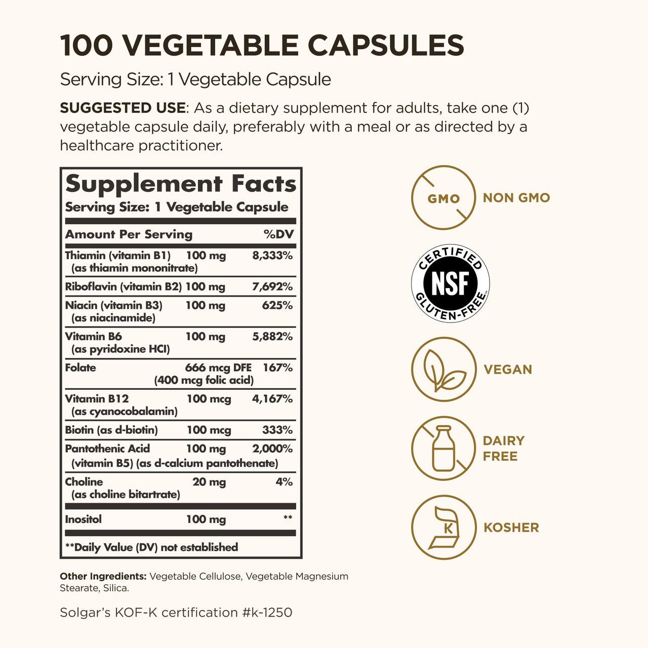 Solgar B-Complex "100", 100 Vegetable Capsules - Nervous System Support - Supports Energy Metabolism - Non-GMO, Vegan, Gluten Free, Dairy Free, Kosher - 100 Servings
