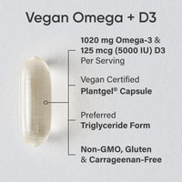 Thumbnail for Sports Research Vegan Omega-3 with Vitamin D3 Softgels - 1020mg Omega-3 & 5000iu D3 Supplement - Fish Oil Alternative with Vitamin D Plant-Based Support from Algae Oil - 60 Veggie Softgels for Adults