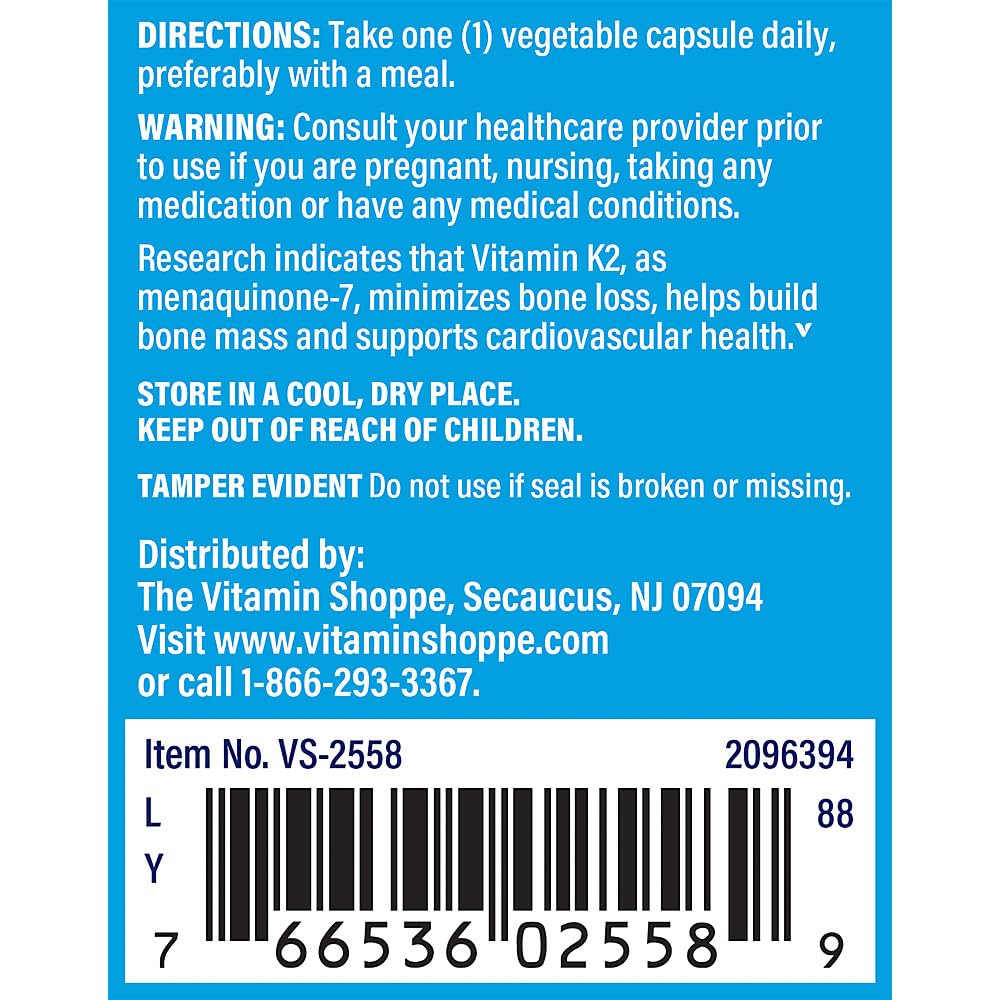 The Vitamin Shoppe Vitamin K2 MK-7 100 MCG - Bone Density & Arterial Health | Menaquinone-7 | 90 Capsules | Vegan