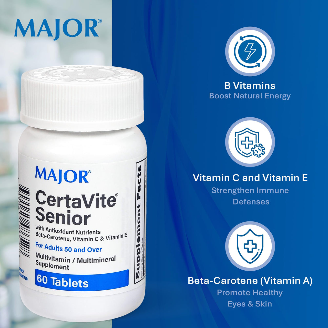 MAJOR CertaVite Senior Multivitamin with Antioxidants – Multivitamin for Women and Men with Beta-Carotene, Iron, Vitamin C & E – Supports Immunity, Energy & Vision – 60 Tablets