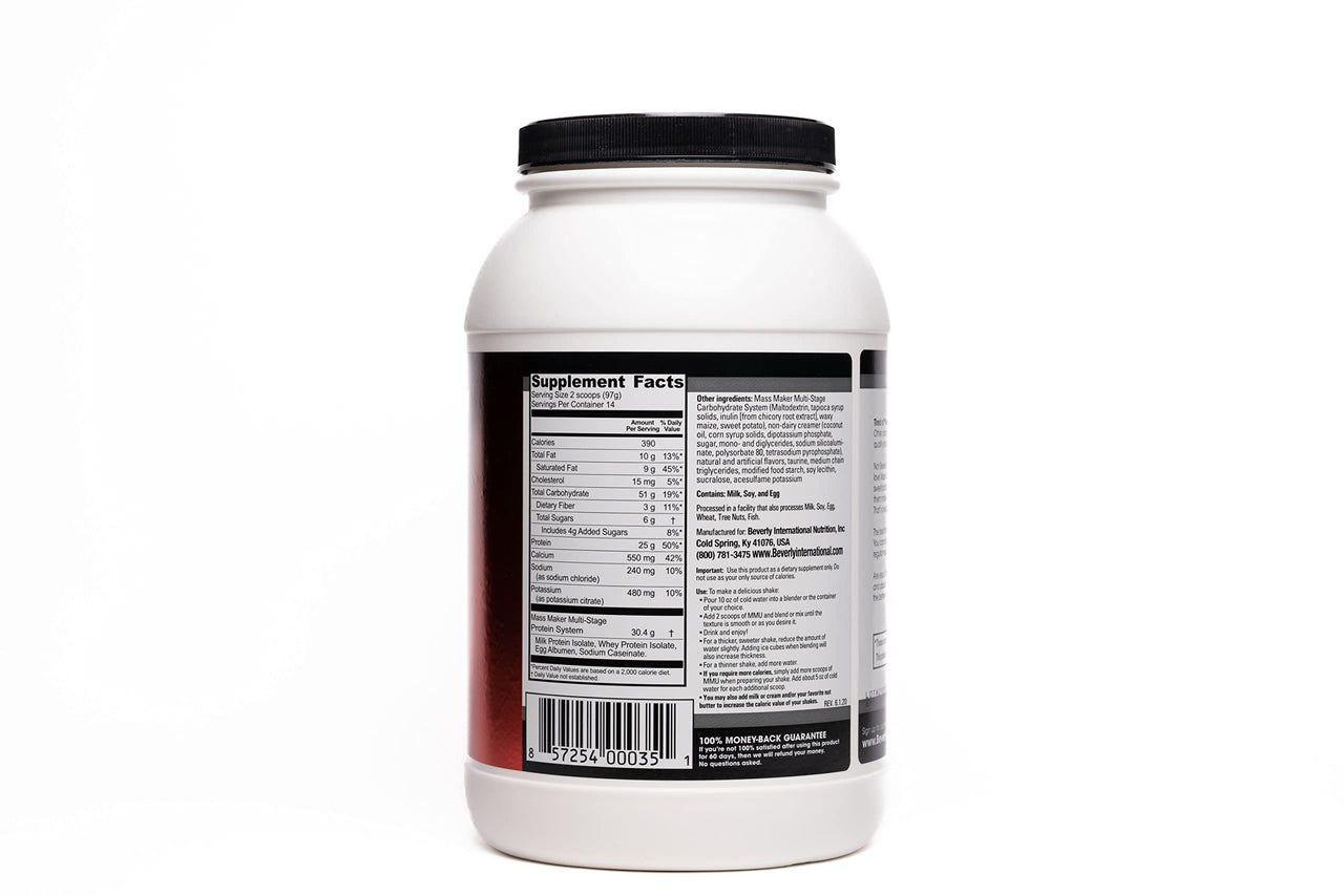 Beverly International Mass Maker Ultra Vanilla, 14 Servings, 3lb. Build Lean Mass Like a Pro. Milk Protein Isolate, Whey Protein Isolate + Egg. MCT Oil. Clean Carbs, Great Taste