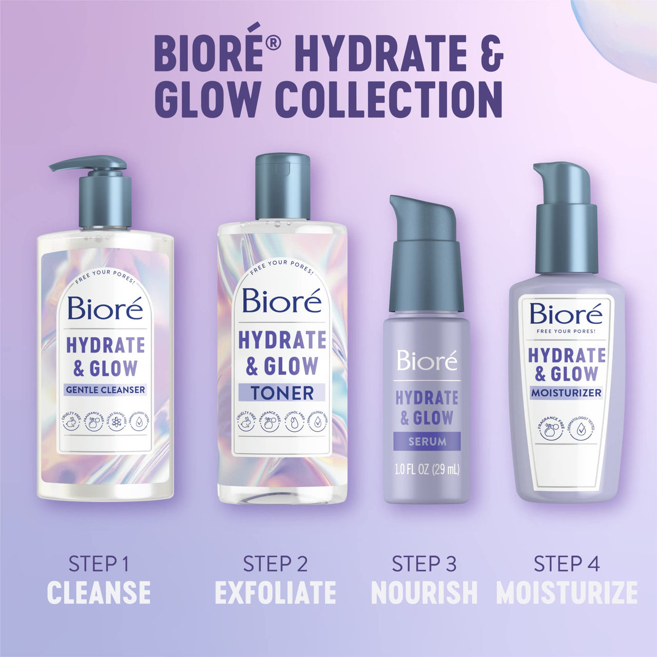 Bioré Hydrate & Glow Face Serum for Dry, Sensitive Skin with Hyaluronic Acid, Coconut Water and Prebiotics, Dermatologist Tested Face Serum, Fragrance Free, Not Tested on Animals, 1 oz Bottle
