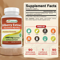 Thumbnail for Best Naturals Bilberry Extract 1000mg Capsule (Non-GMO) Supports Healthy Vision, 90 Count