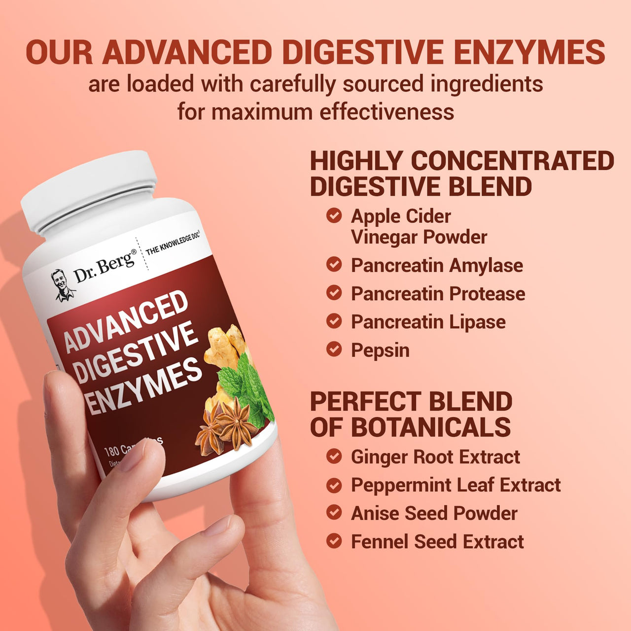 Dr. Berg Advanced Digestive Enzymes with Apple Cider Vinegar - Includes Digestive Health Ingredients Like Betaine Hydrochloride (HCI), Ginger Root & Peppermint Leaf - 180 Capsules