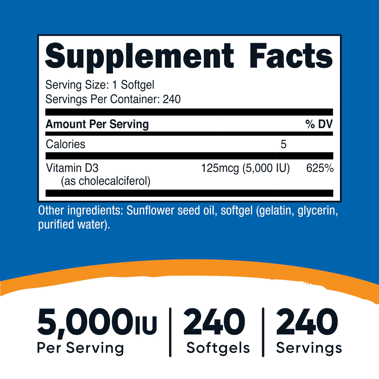 Nutricost Vitamin D3 5,000 IU (125mcg), 240 Softgels - Non-GMO and Gluten Free Vitamin D