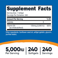 Thumbnail for Nutricost Vitamin D3 5,000 IU (125mcg), 240 Softgels - Non-GMO and Gluten Free Vitamin D
