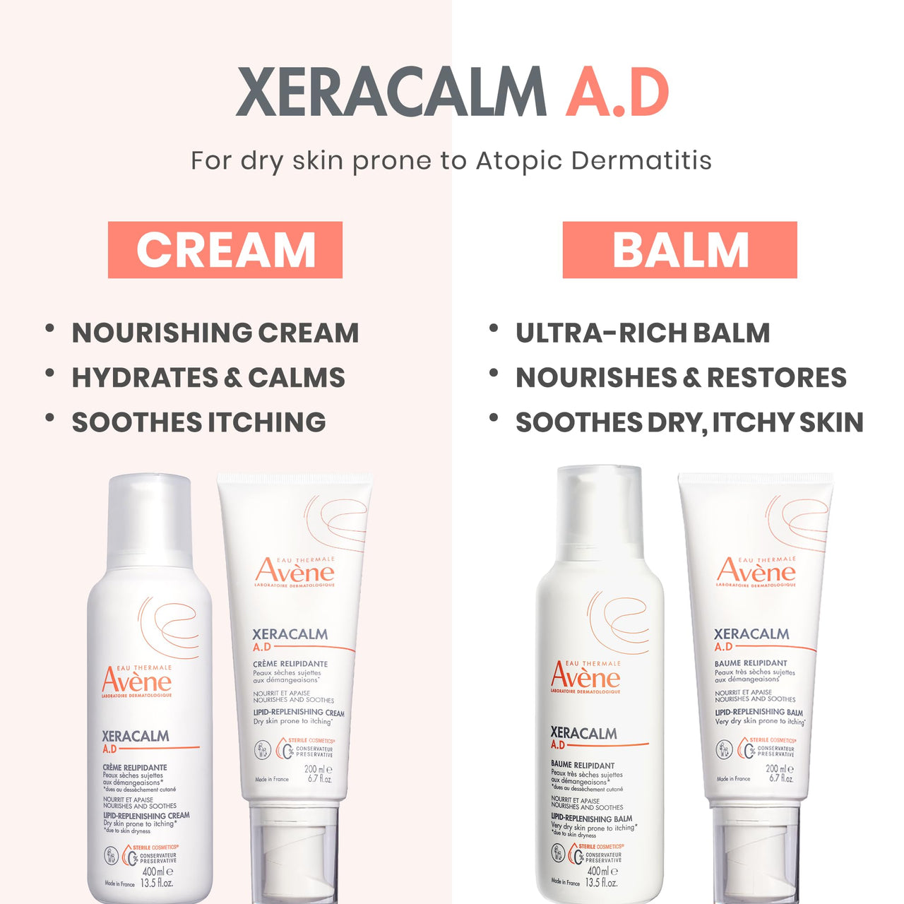 Avène XeraCalm A.D Lipid-Replenishing Cream, Atopic Dermatitis, Eczema-Prone, No Preservatives, Fragrance-Free, Pump, 13.5 Oz