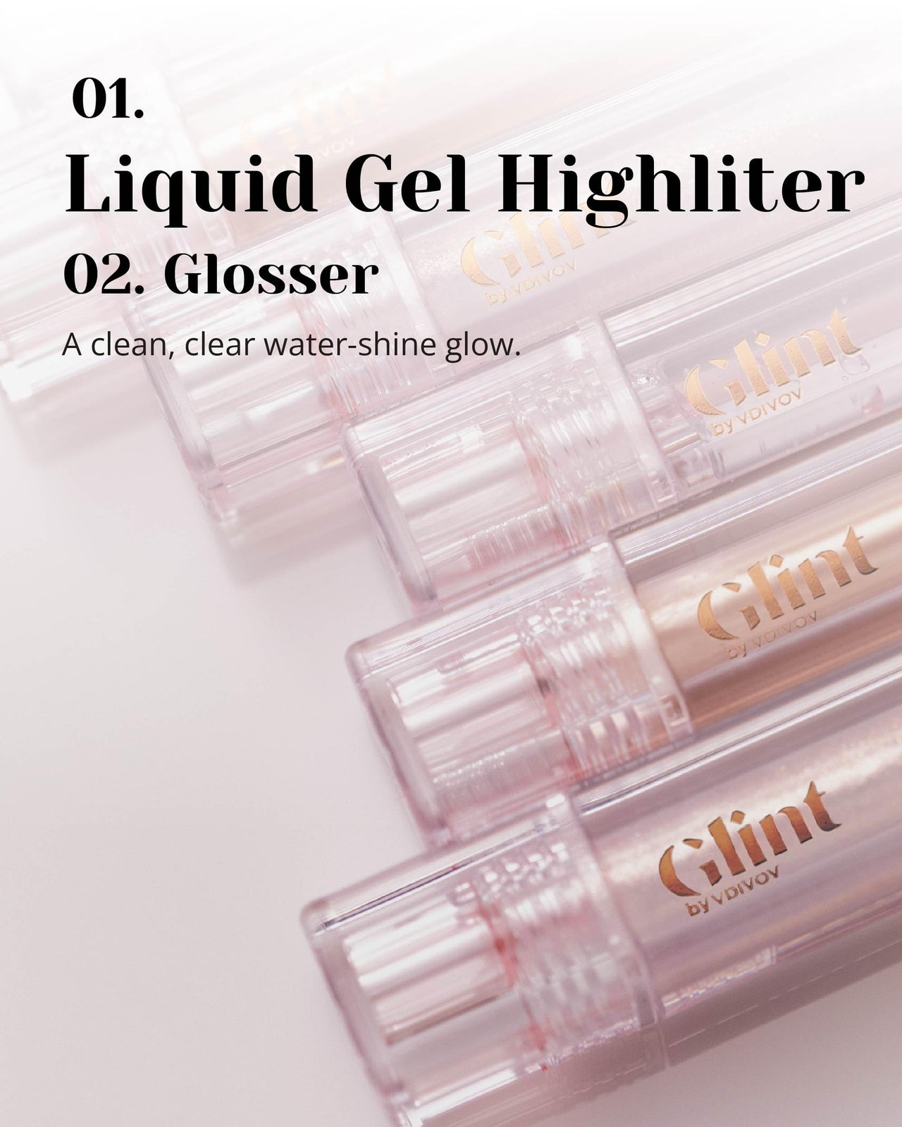Glint Liquid Gel Highlighter (Dewy Moon, 0.1oz + Glosser, 0.1oz) - Multi-Use Face & Body Gloss Set for Smooth Glow and Long-Lasting Healthy Radiance. Korean Makeup for Eyes, Cheeks, Nose & Lips