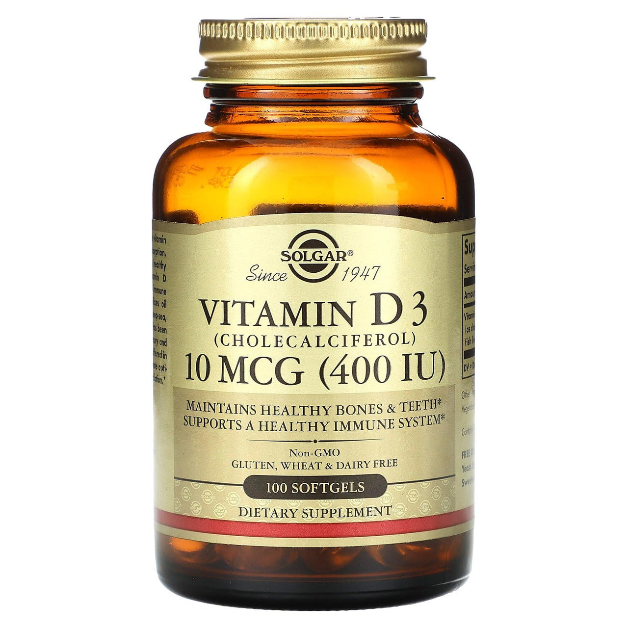 Solgar Vitamin D3 (Cholecalciferol) 10 MCG (400 IU), 100 Softgels - Helps Maintain Bones & Teeth - Immune System Support - Non-GMO, Gluten Free, Dairy Free - 100 Servings