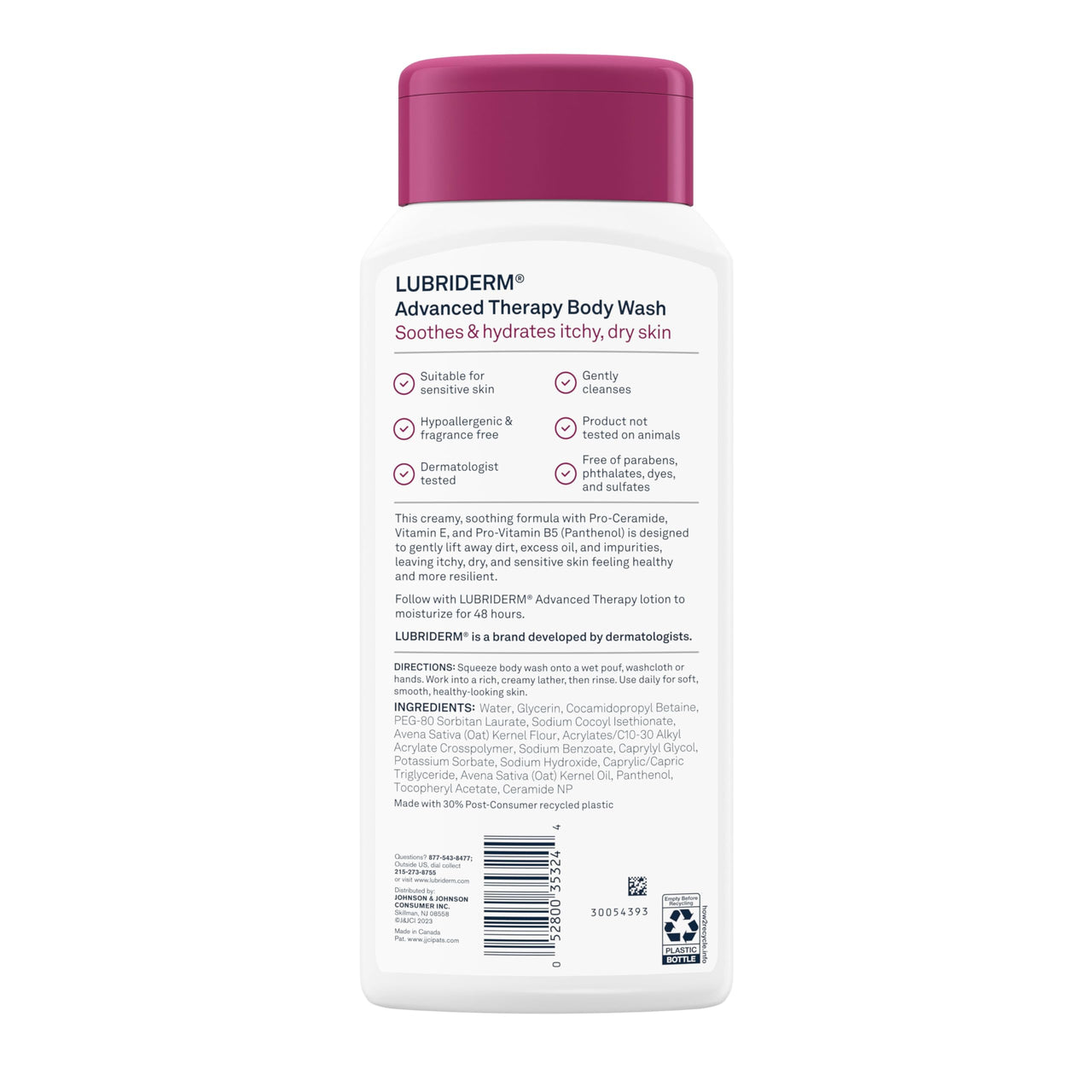 Lubriderm Advanced Therapy Body Wash, Unscented Nourishing Cleanser with Pro-Ceramide, Vitamin E & Pro-Vitamin B5 Gently Cleanses Itchy, Dry Skin, Fragrance Free, Hypoallergenic, 16 fl. oz