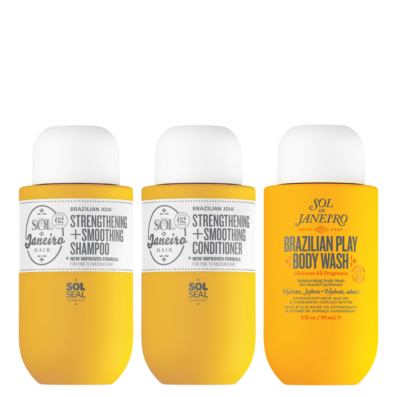 Sol de Janeiro Ultimate Shower Bundle | Travel Size Mini Brazilian Play Moisturizing Shower Cream Gel Body Wash + Brazilian Joia Damage Repairing Shampoo and Conditioner Set | Amazon Exclusive