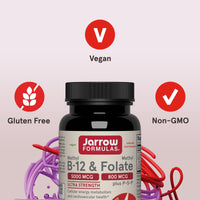 Thumbnail for Jarrow Formulas Methyl B-12 & Methyl Folate, Bioactive Vitamin B9 and Vitamin B12 Supplement, Supports Cellular Energy Production, Healthy Brain Function & Metabolism, 60 Chewable Tablets, 60 Servings