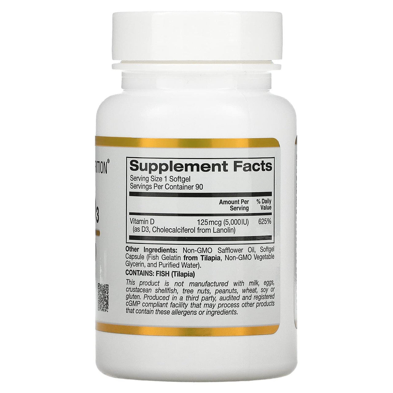 Vitamin D3 Supplement by California Gold Nutrition - Support for Healthy Bones & Teeth - Immune System Support - Gluten Free, Non-GMO - 125 mcg (5,000 IU) - 2 Pack of 90 Fish Gelatin Softgels Each