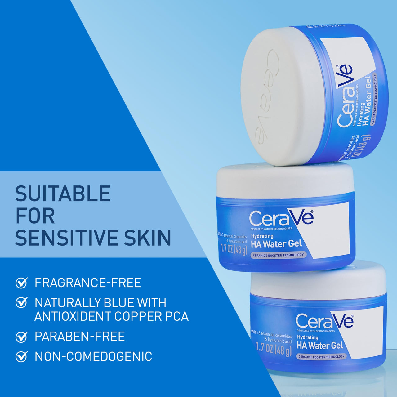 CeraVe Hydrating Hyaluronic Acid Water Gel, Lightweight Facial Moisturizer for Plumping Hydration with Ceramides, Hyaluronic Acid & Niacinamide, Fragrance-Free, Safe for Sensitive Skin 1.7oz
