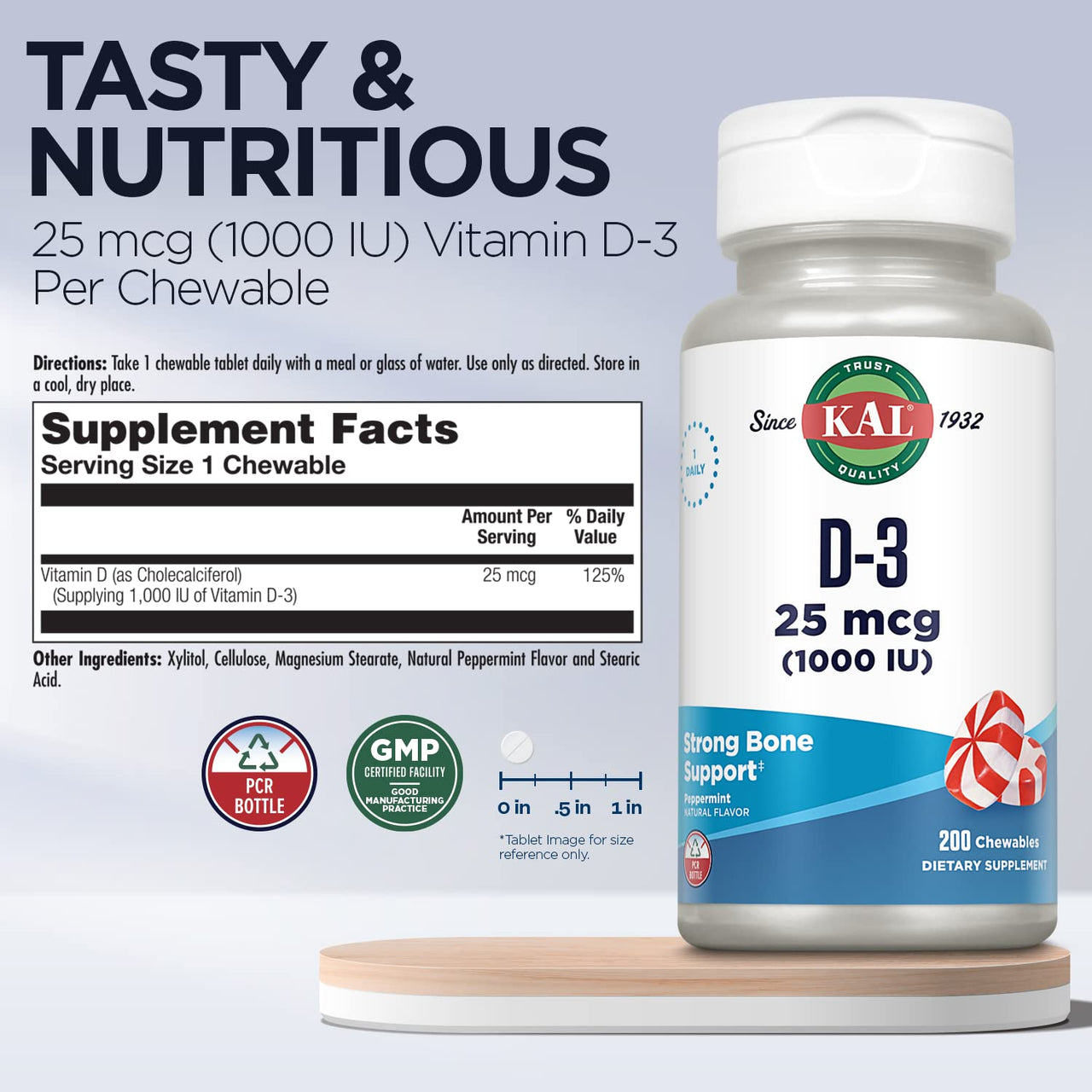 KAL Vitamin D-3 1000 IU Chewable | Peppermint Flavor | Healthy Immune Function & Bone Support | 200 Chews, 200 Serv