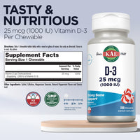 Thumbnail for KAL Vitamin D-3 1000 IU Chewable | Peppermint Flavor | Healthy Immune Function & Bone Support | 200 Chews, 200 Serv