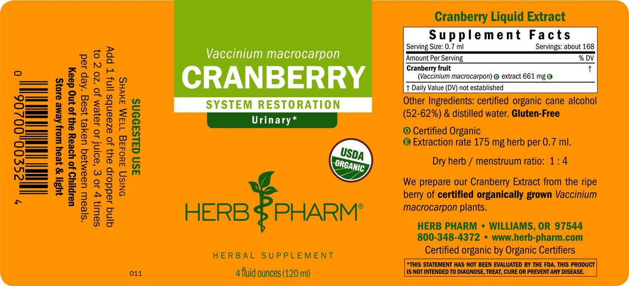 Herb Pharm Certified Organic Cranberry Liquid Extract for Urinary Tract Support - 4 Ounce