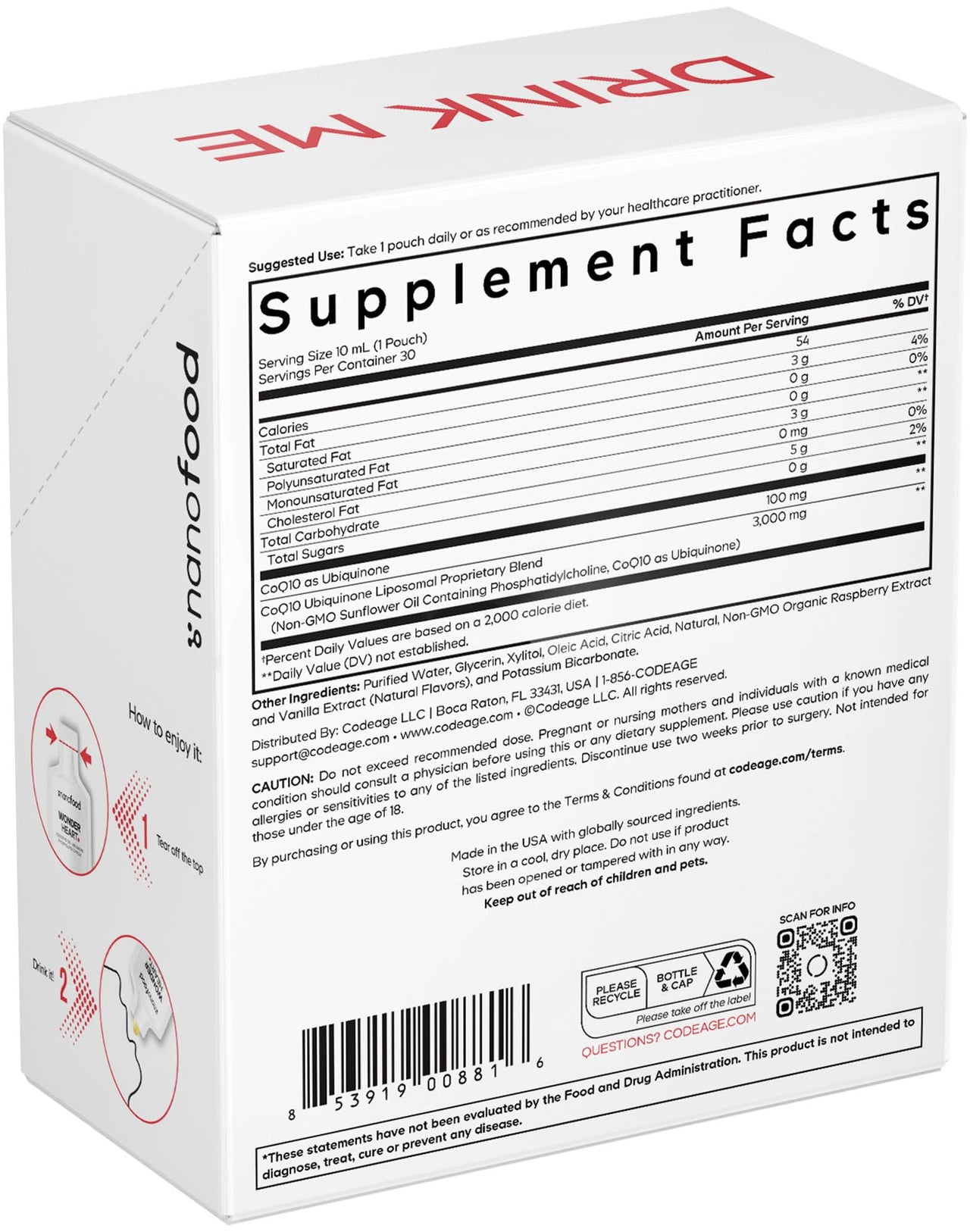 Codeage Wonder Heart Liquid CoQ10 Liposomal Ubiquinone Supplement, Coenzyme Q10 Heart Vitamins, Non-GMO Sunflower Phosphatidylcholine Vegan Blend, Raspberry Flavored Softgel, Pack of 30 Pouches