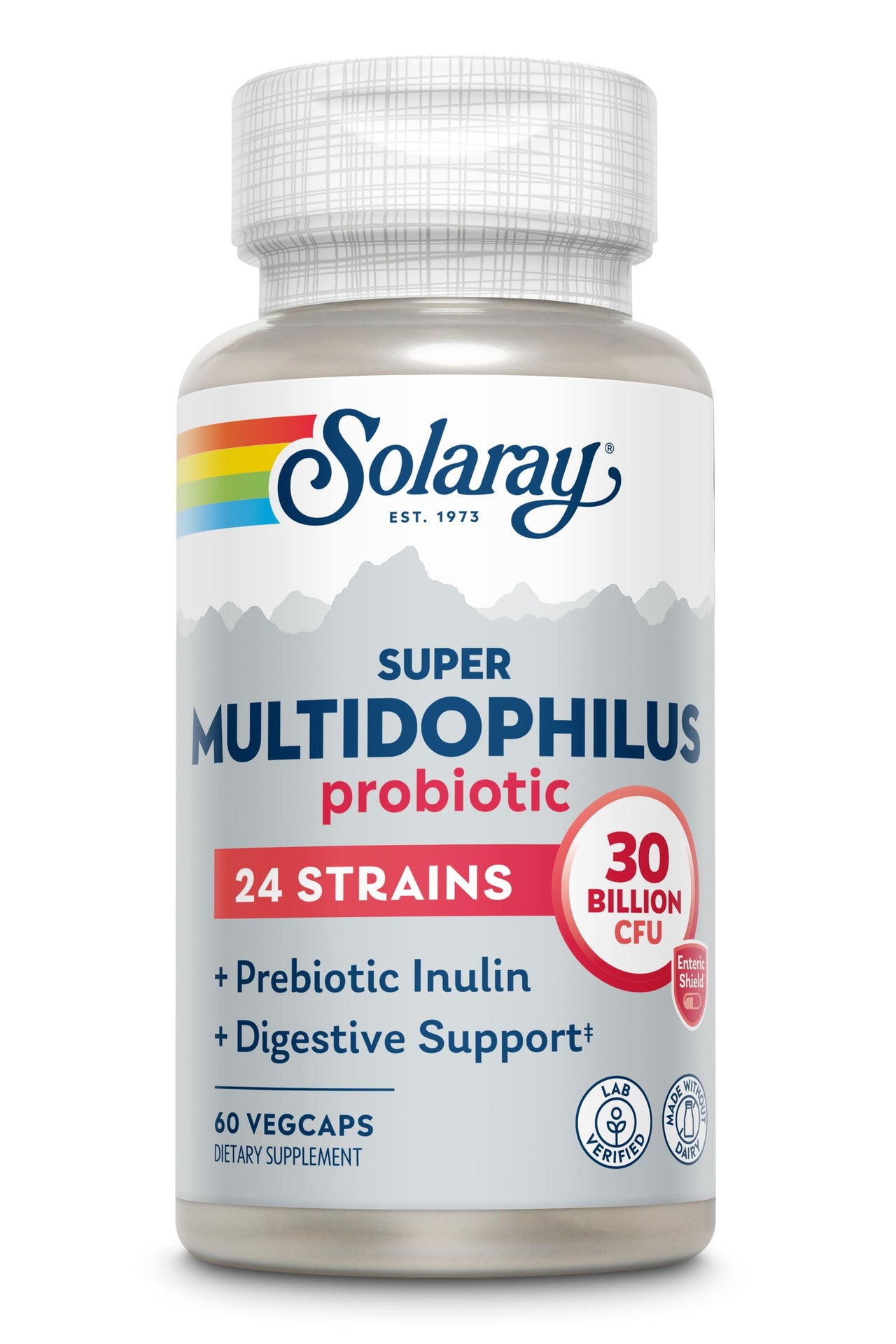 SOLARAY Multidophilus 24 Strain Probiotic 30 Billion CFU, Probiotics for Digestive Health for Women and Men, Daily Gut Health Support Complex with Prebiotic Inulin, No Dairy 60 VegCaps