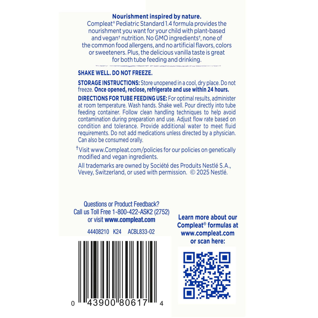 Compleat Pediatric Standard 1.4 Cal Pediatric Tube Feeding Meal Vanilla 8.45 oz Carton, 6 Count