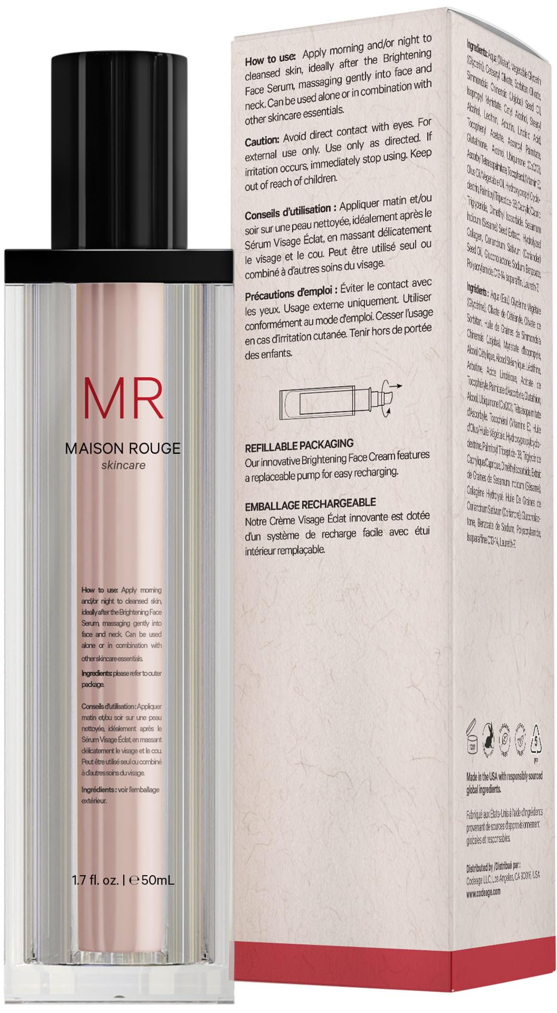 Codeage Maison Rouge Brightening Face Cream Glutathione Cream, Collagen Peptides, Vitamin E, CoQ10 – Radiance & Antioxidant Complex – Refillable – Paraben- Free – All Skin Types – 1.7 fl oz