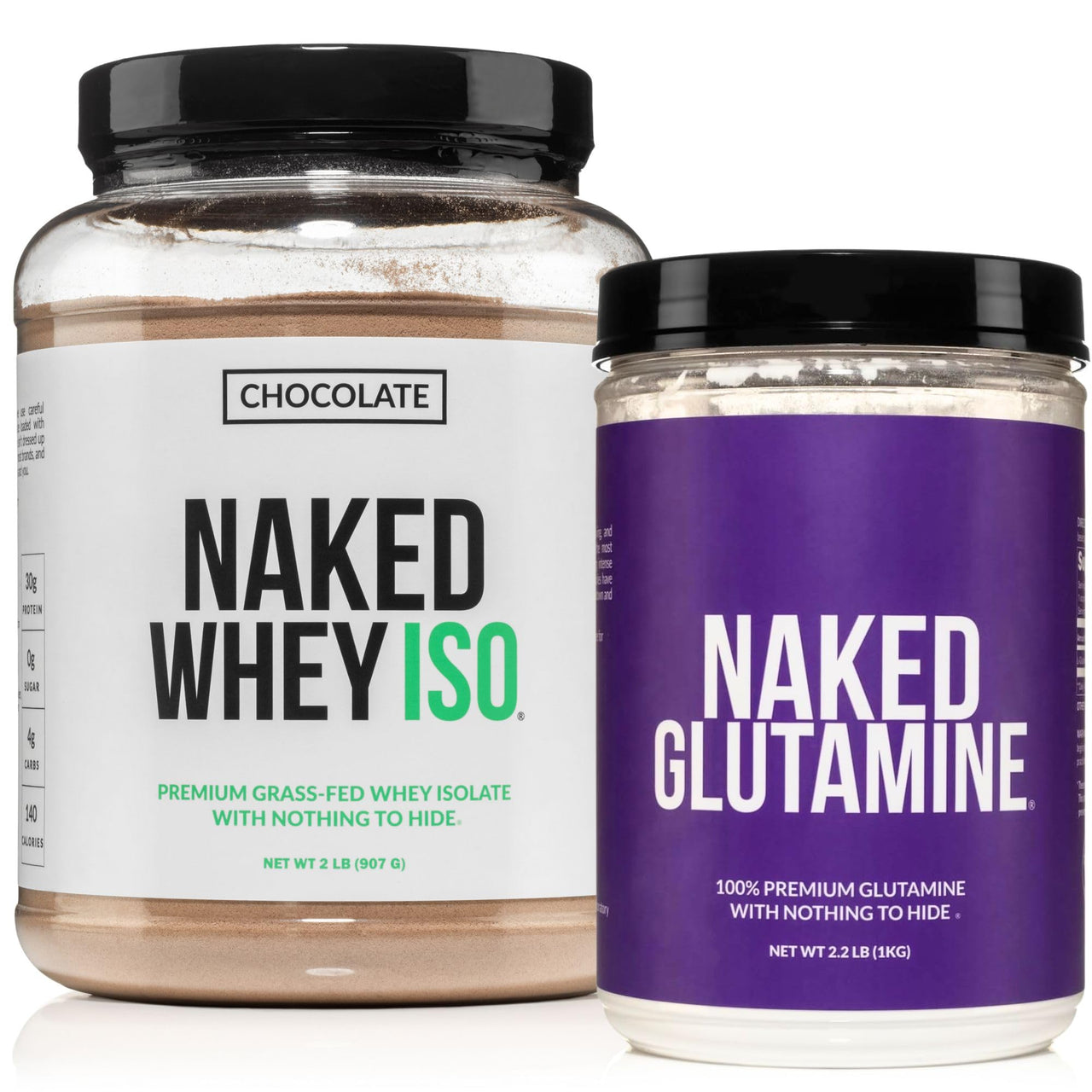 NAKED Chocolate Whey Isolate (24 Servings) + Pure L-Glutamine Powder 2.2LB (200 Servings) – Grass-Fed Protein; Bulk; Non-GMO; Gluten Free; Soy Free; Vegan