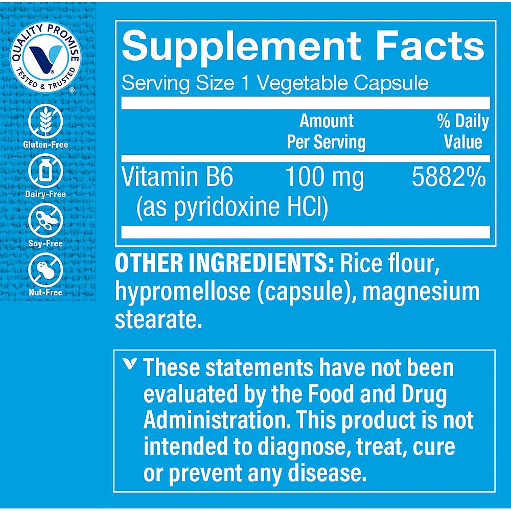 The Vitamin Shoppe Vitamin B6 100mg - Energy Metabolism & Brain Support | Pyridoxine Supplement | 100 Veggie Capsules | Gluten-Free