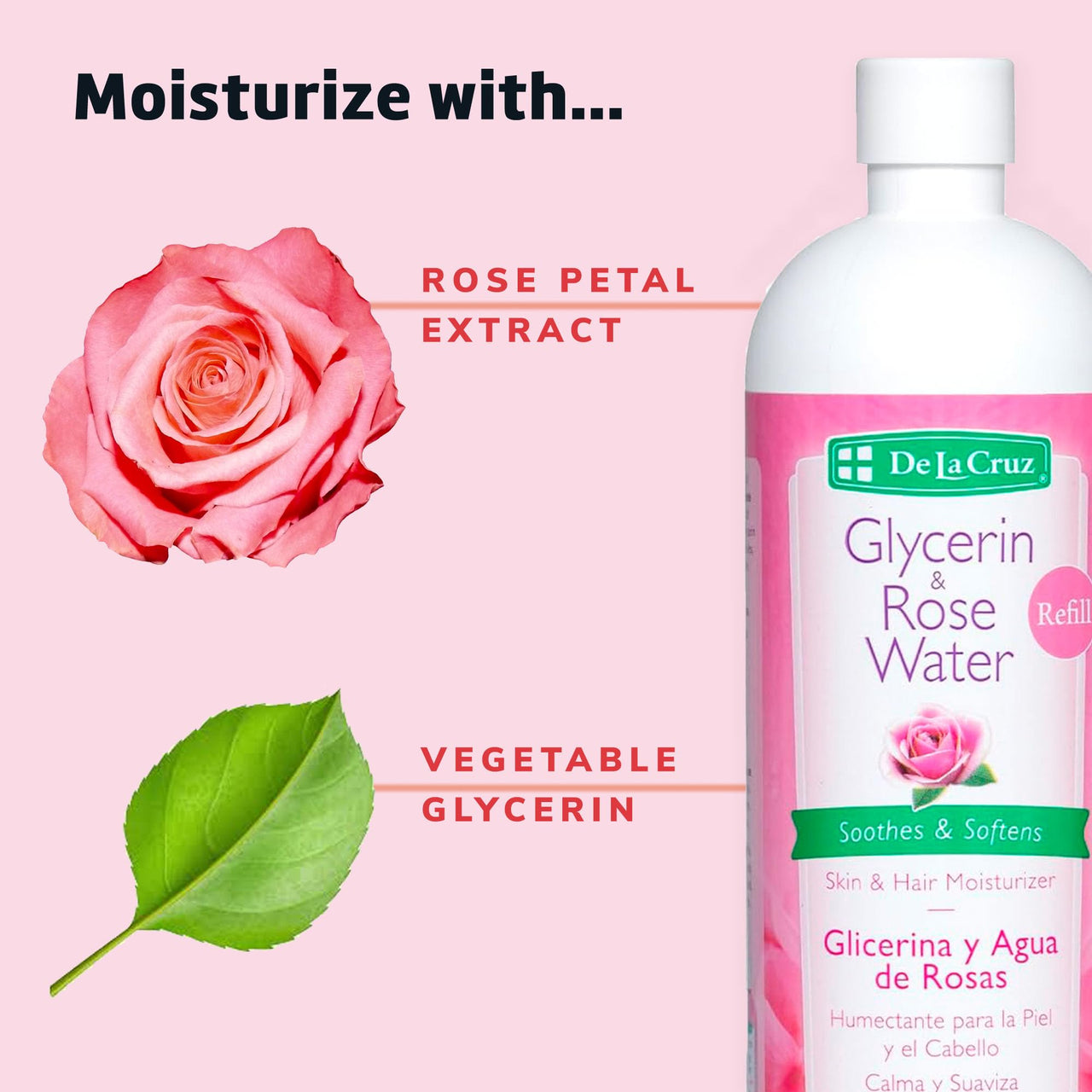 De La Cruz Rose Water and Glycerin for Face Bundle – Rosewater Facial Toner and Moisturizer for Skin and Hair - 8 fl oz + 16 fl oz Refill Bottle