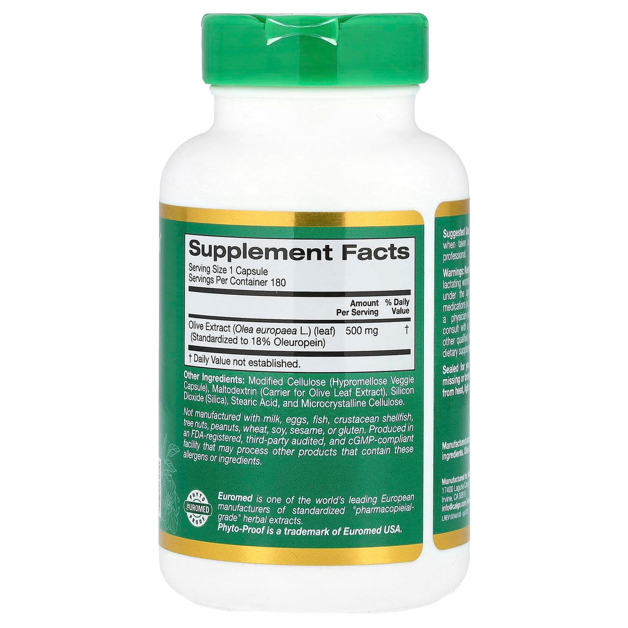California Gold Nutrition Olive Leaf Extract 500 mg, 18% Oleuropein, European Quality Processed in Spain, 180 Veggie Capsules, EuroHerbs
