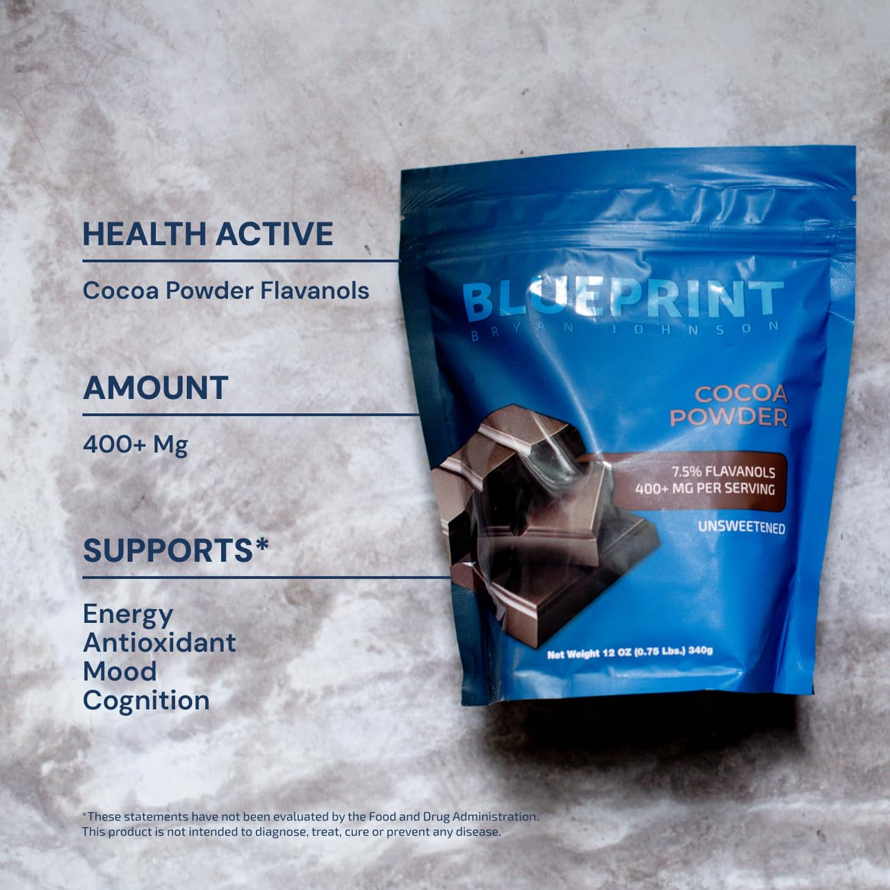 Blueprint Bryan Johnson Non Dairy Cocoa Powder - 7.5% Flavanols, 100% Pure Cocoa, Low Fat Unsweetened Cocoa, Undutched, Keto Friendly, Great for Baking & Cooking, Tested for Heavy Metals (12 Ounces)