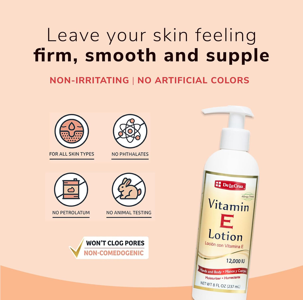 De La Cruz Vitamin E Lotion for Dry Skin with 12,000 IU