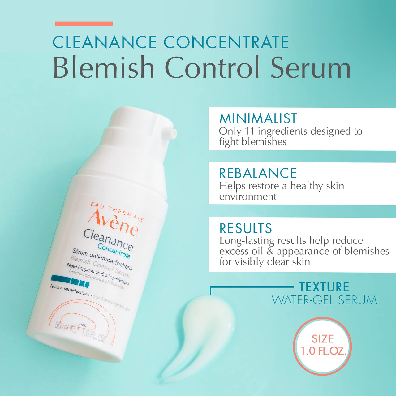 Avène Cleanance Concentrate Blemish Control Serum, clarifying water-gel, fragrance and silicone free, For acne-prone skin, airless pump, 1 Fl Oz