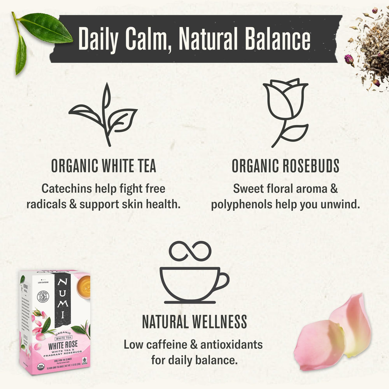 Numi Organic White Rose Tea, 16 Tea Bags, White Tea & Fragrant Rosebuds, Low Caffeine
