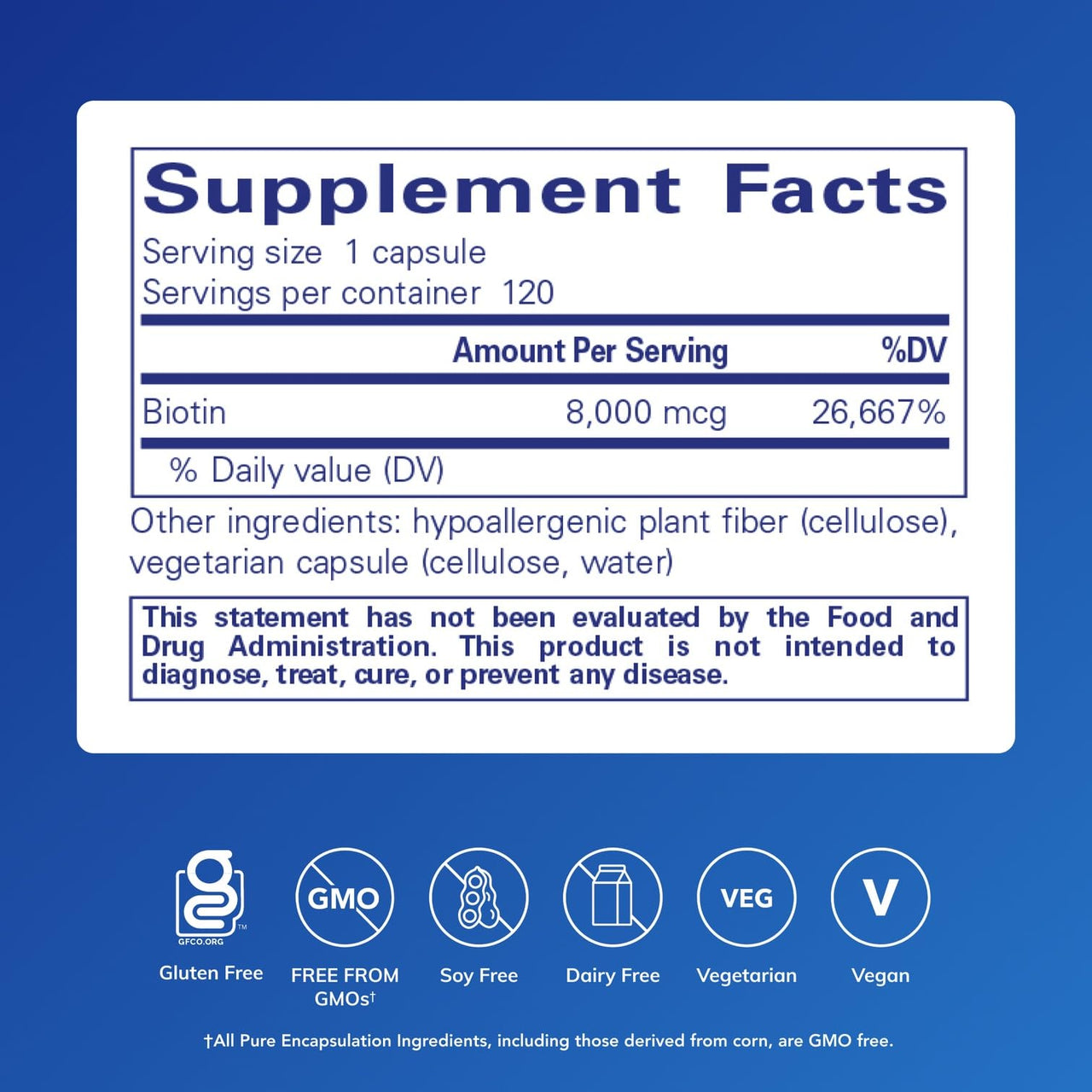 Pure Encapsulations Biotin 8 mg - B Vitamin Supplement to Aid Stress Relief, Hair, Skin & Nail Strengthening, Metabolism, Carbohydrate Support & Nervous System* - with Premium Biotin - 120 Capsules