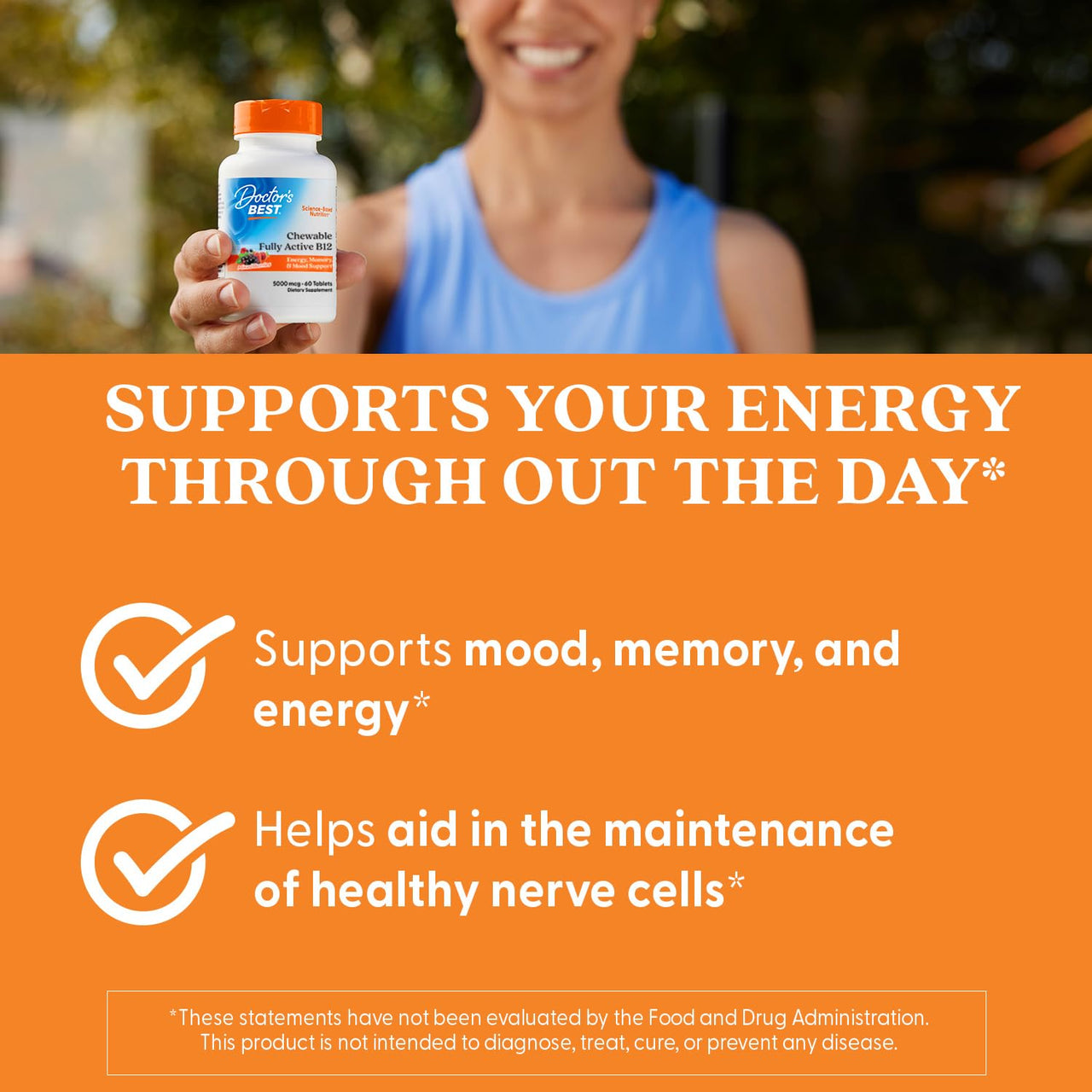 Doctor's Best Chewable Fully Active Methyl B12, Methylcobalamin, Energy, Memory, & Mood Support, Non-GMO, Gluten Free, Soy Free, Vegan 60 Tablets