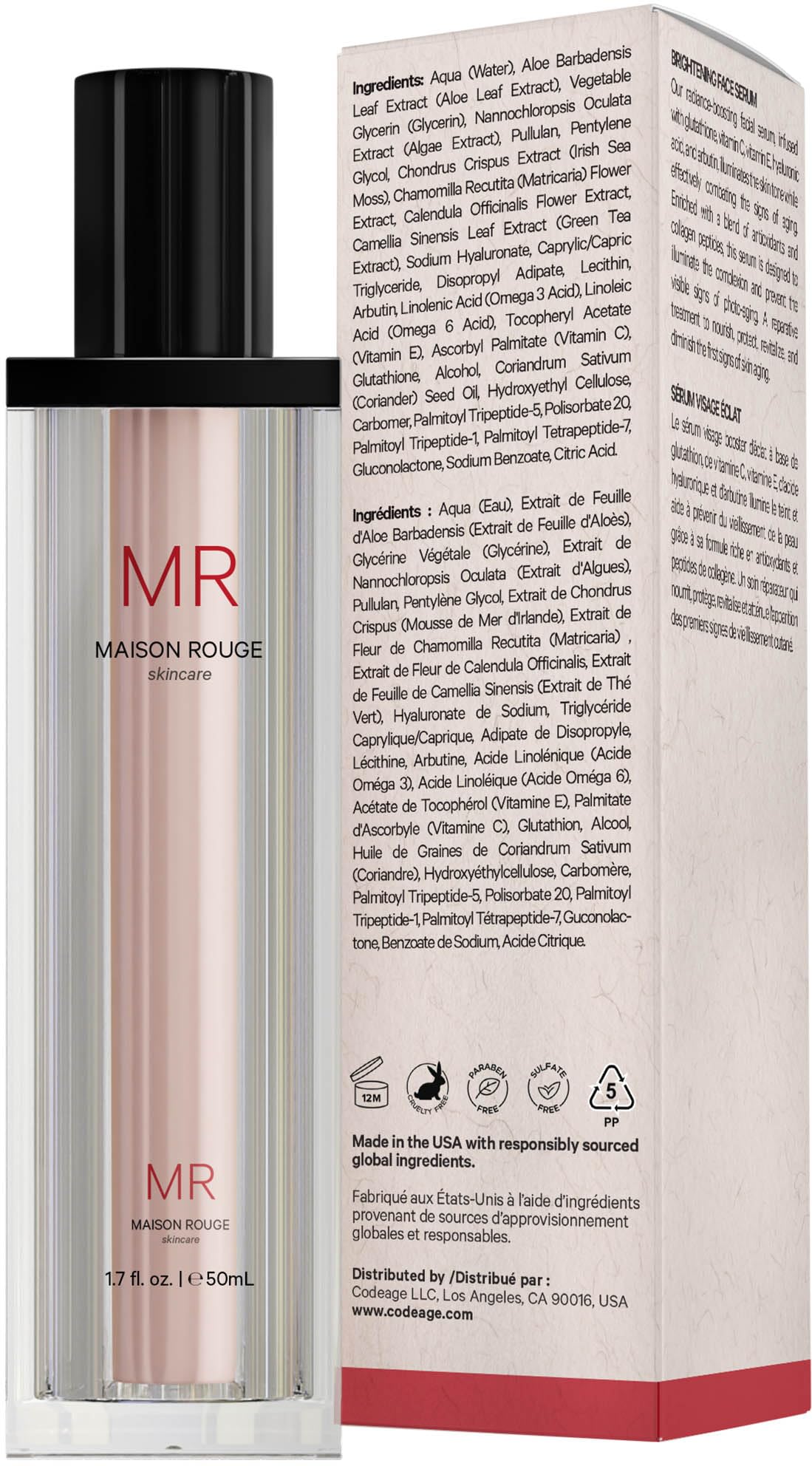Maison Rouge Brightening Face Serum by Codeage - Glutathione Serum, Vitamin C, E, Hyaluronic Acid, Collagen - Radiance Enhancing - Parabens and Sulfates-Free - Refillable - All Skin Types - 1.7 fl oz